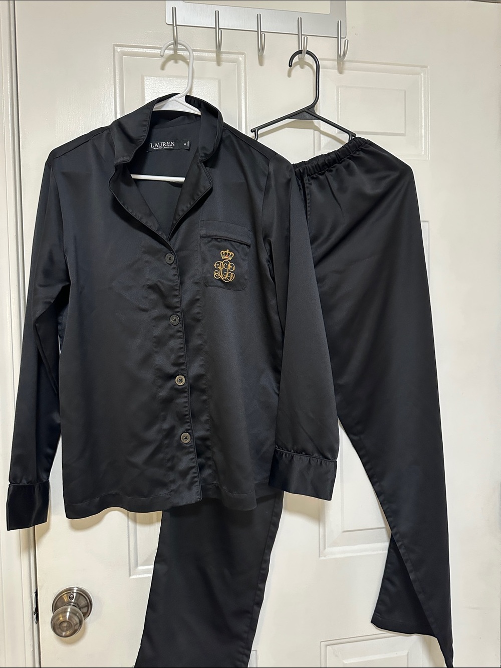 Lauren Ralph Lauren Black Satin Pajama Set with Gold Crest Embroidery